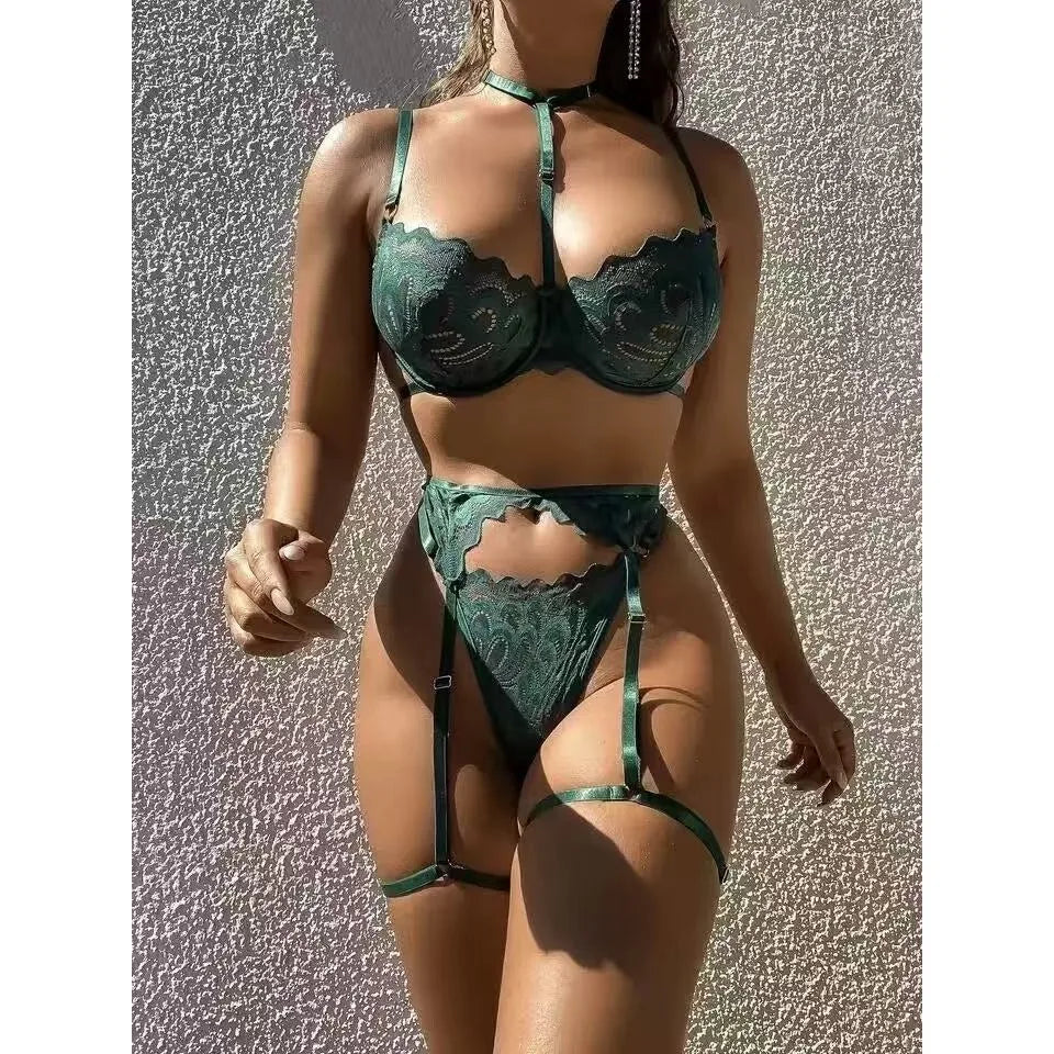 Ensemble de Lingerie Sexy 3 Pièces en Dentelle Florale
