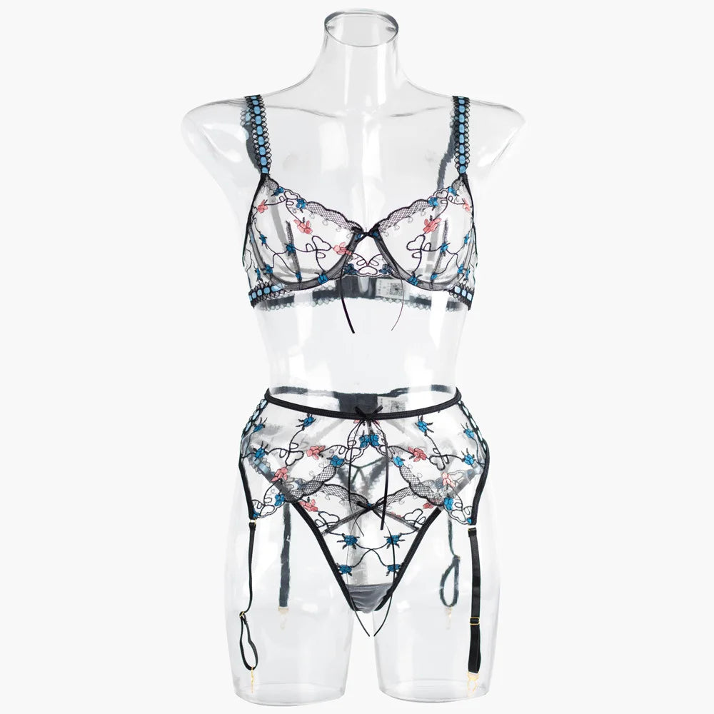 Ensemble de Lingerie Sexy Bleu Brodé – Soutien-Gorge Push-Up &amp; Culotte Assortie