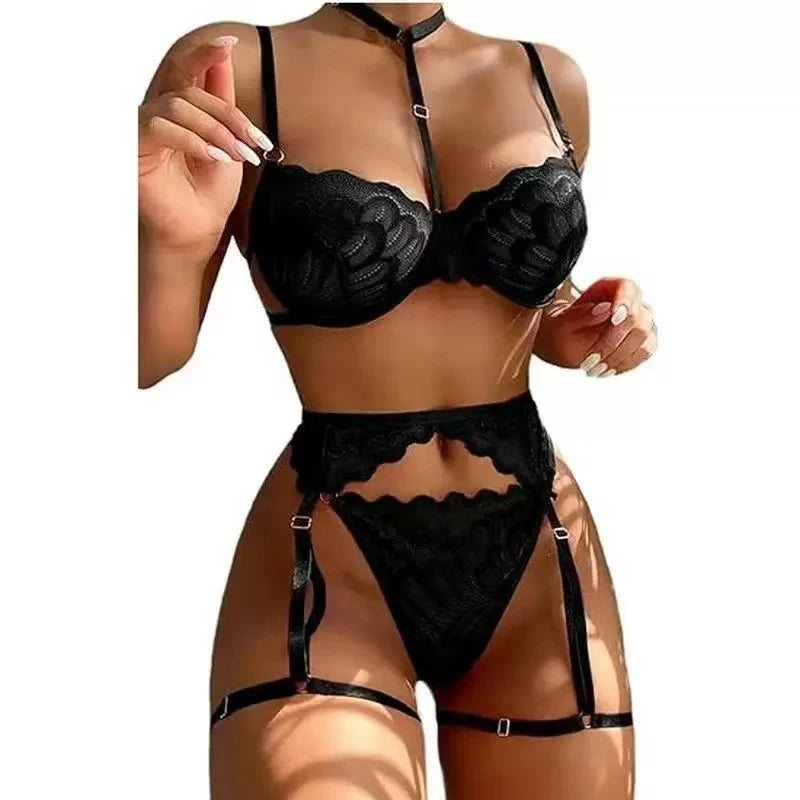 Ensemble de Lingerie Sexy 3 Pièces en Dentelle Florale