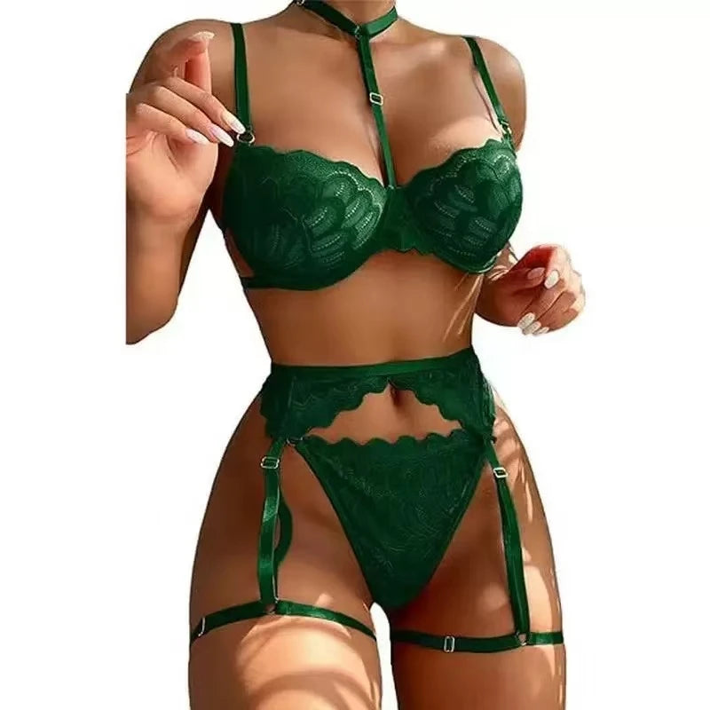 Ensemble de Lingerie Sexy 3 Pièces en Dentelle Florale